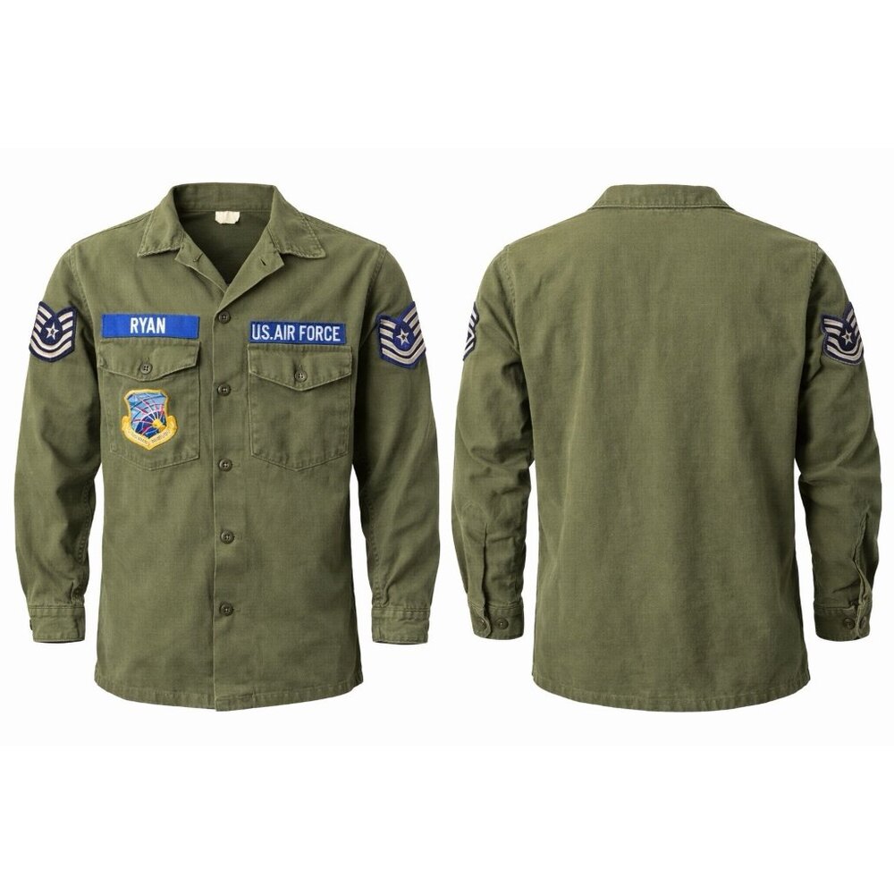 Vietnam Era US Air Force OG107 Utility Shirt Staff Sgt Named Patched 15.5x33